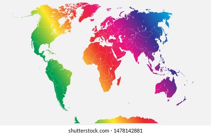 World Map Vector Isolated On Background. Flat Earth Template For Pattern, Report, Inphographics, Banner, Backdrop. World Map Templates, Patterns. Global Worldwide Travel Trip. Rainbow, Lgbt Flag.