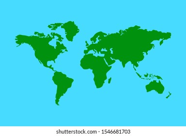 World map vector, isolated on blue background. Flat Earth, green map template for web site pattern, anual report, inphographics. Globe similar worldmap icon. Travel worldwide, map silhouette backdrop.