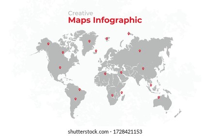 World map vector, isolated on white background with grunge background. Gray map template with red location pin, anual report, inphographics. Globe similar worldmap icon. Vector illustration eps 10.