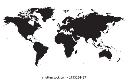 World map. World map vector, isolated on white background. Flat Earth, black map template. Globe similar world map icon. Travel worldwide.