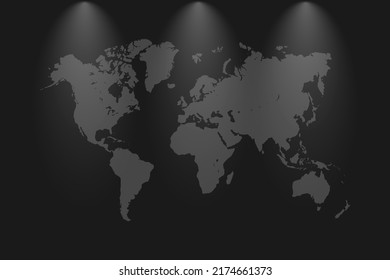 World map vector, isolated on black background. Flat Earth, gray map template for web site pattern, anual report, inphographics. Globe similar worldmap icon. Travel worldwide, map silhouette backdrop