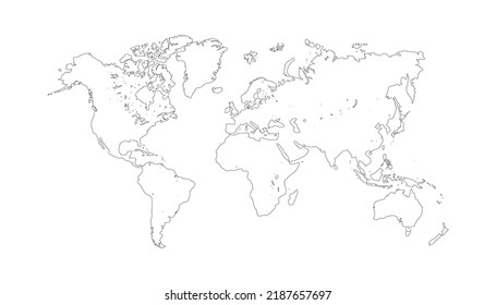 Weltkarte, Vektorgrafik einzeln auf weißem Hintergrund. Flache Erde, graue Kartenvorlage für Webseitenmuster, Jahresberichte, Infografiken. Ähnliches Weltkarte-Symbol weltweit. Reisen Sie um die Welt