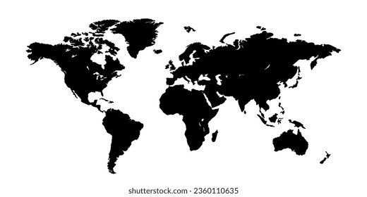 World map vector, isolated on white background. Flat Earth silhouette map template. Globe similar worldmap icon. Travel worldwide, map silhouette backdrop.