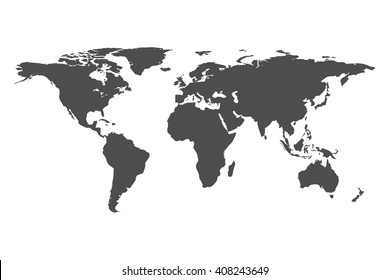 Dünya haritası vektörü, beyaz arka plan üzerinde izole edilmiştir. Düz Dünya, web sitesi kalıbı için gri harita şablonu, anual rapor, inphographics. Globe benzer dünya haritası simgesi. Dünya çapında seyahat, harita siluet zemin.