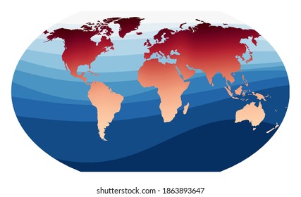 World Map Vector. Kavrayskiy VII pseudocylindrical projection. World in red orange gradient on deep blue ocean waves. Modern vector illustration.