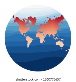 World Map Vector. Lagrange conformal projection. World in red orange gradient on deep blue ocean waves. Neat vector illustration.