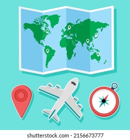 World map vector with location point. Flat vector design for World travel. top view of global map location symbol, airplane, maps and compass