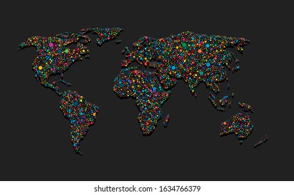 World Map Vector Made Creative Dots, Points Isolated On Background. Flat Earth Template For Pattern, Report, Inphographic, Banner, Backdrop. World Map Templates, Patterns. Global Worldwide Travel Trip