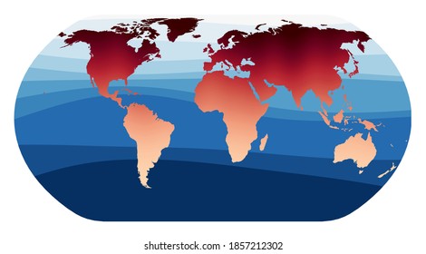 World Map Vector. Natural Earth projection. World in red orange gradient on deep blue ocean waves. Captivating vector illustration.
