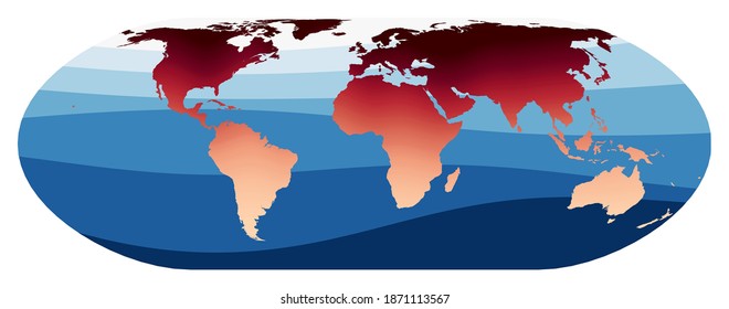World Map Vector. Nell-Hammer projection. World in red orange gradient on deep blue ocean waves. Classy vector illustration.