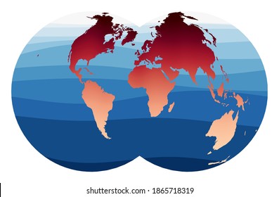 Vector de Mapa Mundial. Proyección globular de Nicolosi. Mundo en degradado rojo anaranjado sobre olas oceánicas profundas azules. Ilustración vectorial genial.