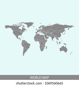 World Map Vector Outline Illustration Cartography In Gray And Blue Background. Borders Of All Countries Are Included On This Map.