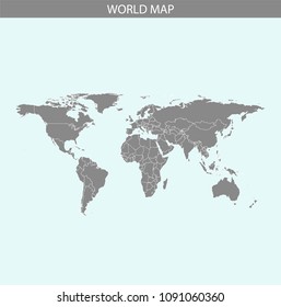 World map vector outline illustration cartography in gray and blue background. Borders of all countries are included on this map.