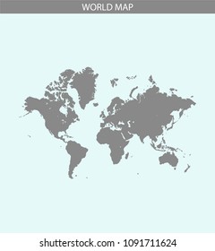 World map vector outline illustration gray and blue background. Highly detailed map of the World. The borders of World countries are not included on this map for aesthetic appeal.