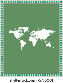 World map vector outline illustration in green background with creative frame design