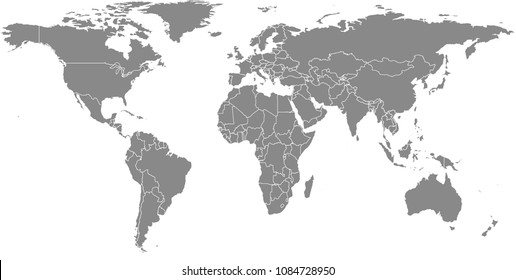 World map vector outlines with countries borders in gray background