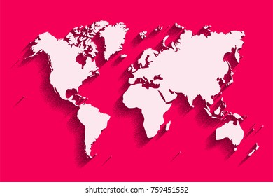 world map vector. pink color background with shadow