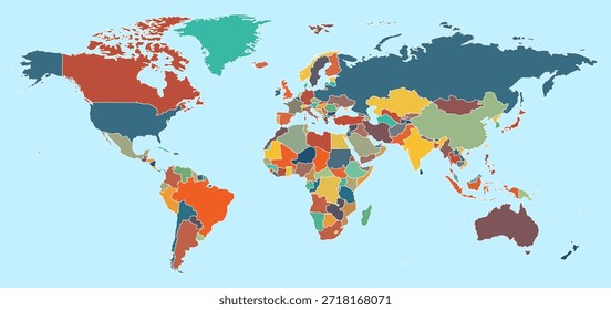 World Map Vector, Political World Map Illustration with Different Colors For Each Nations, Isolated Map