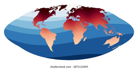 World Map Vector. Pseudocylindrical equal-area Goode homolosine projection. World in red orange gradient on deep blue ocean waves. Attractive vector illustration.