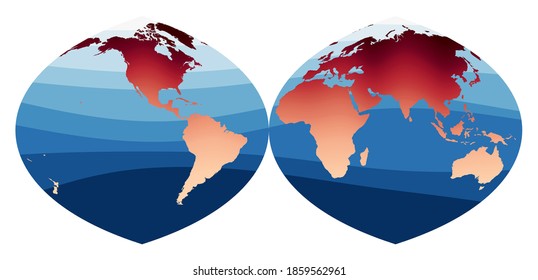 World Map Vector. Quartic authalic projection interrupted into two hemispheres. World in red-orange gradient on deep blue ocean waves. Cool vector illustration.