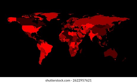 World map vector with red isolated on black background. Modern grey vector world map. Silhouette map vector illustration.