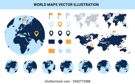 World map vector set - Collection of earth globes with maps and graphical elements on white background.