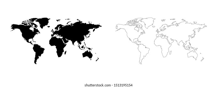World Map Vector Silhouette and Outline Isolated on White Background