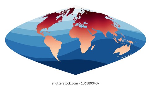 World Map Vector. Sinusoidal projection. World in red orange gradient on deep blue ocean waves. Appealing vector illustration.