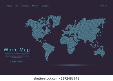 World map vector template with blue dots, grid, grunge, halftone style including shadow isolated on dark purple background for website, infographic, technology design - Vector illustration eps 10