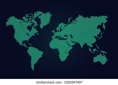 World map vector template with green dots, grid, grunge, halftone style isolated on dark background for education, infographic, design, website, banner - Vector illustration eps 10