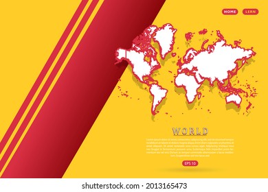 World Map - World map vector template with isometric style including shadow, white and red color on yellow background for website, infographic, banner - Vector illustration eps 10