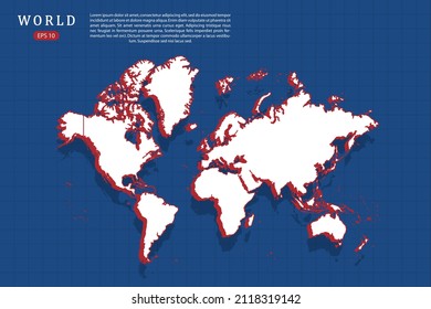 World Map - World Map Vector Template With Isometric Style With White And Red Color Including Shadow On Blue Grid Background For Website, Design, Infographic - Vector Illustration Eps 10