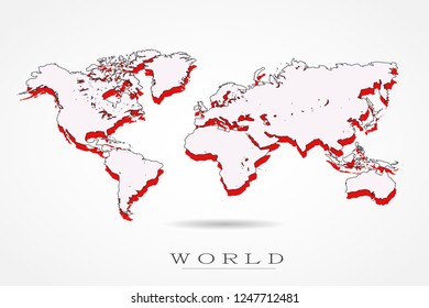World map vector template with red shadow and outline graphic sketch style isolated on white background for website, design, cover, Flat Earth Graph illustration - Vector illustration eps 10