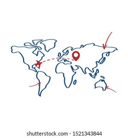 World Map vector. Transparent image of world map with pointers, arrows and flying plane. Flat Earth. Travel worldwide, holidays and vacation concept. Isolated on white background