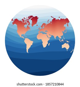 World Map Vector. Van der Grinten projection. World in red orange gradient on deep blue ocean waves. Authentic vector illustration.