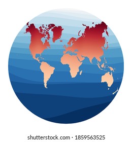 World Map Vector. Van der Grinten II projection. World in red-orange gradient on deep blue ocean waves. Awesome vector illustration.