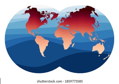 World Map Vector. Van der Grinten IV projection. World in red-orange gradient on deep blue ocean waves. Captivating vector illustration.