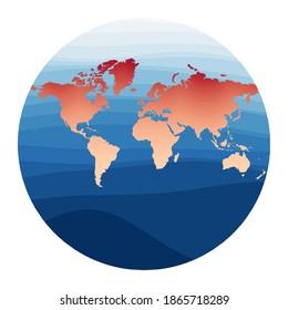 World Map Vector. Van der Grinten III projection. World in red orange gradient on deep blue ocean waves. Beautiful vector illustration.