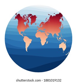 World Map Vector. Van der Grinten II projection. World in red orange gradient on deep blue ocean waves. Awesome vector illustration.