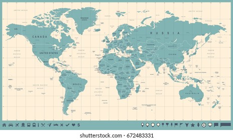World Map Vector Vintage. High detailed illustration of worldmap