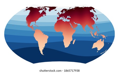 Vector de Mapa Mundial. Proyección Wagner VII. Mundo en degradado rojo anaranjado sobre olas oceánicas profundas azules. Ilustración vectorial creativa.