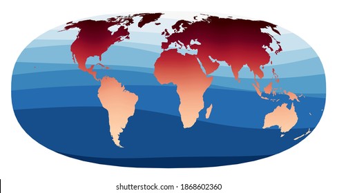 World Map Vector. Waldo R. Tobler's hyperelliptical projection. World in red orange gradient on deep blue ocean waves. Awesome vector illustration.
