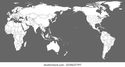 Vetor do Mapa Mundial. Branco semelhante mapa de mundo vetor em branco no fundo cinza.  Mapa-múndi branco semelhante com fronteiras de todos os países e Estados dos EUA , e de todos os Estados do Brasil.  EPS 10