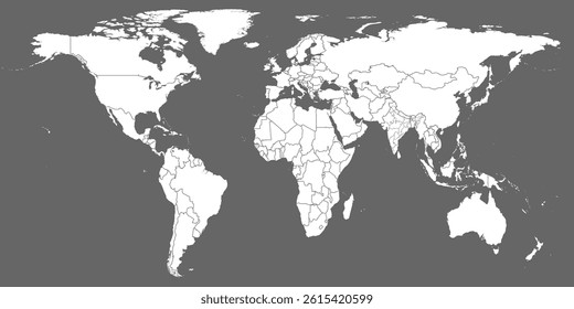 World Map vector. White similar world map blank vector on gray background.  White similar world map with borders of all countries and States of India map.  EPS10.