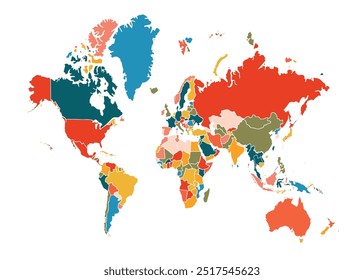 World map in vibrant tones, showcasing blank continents for easy customization. Clean and modern design.international,sign,art,region,city,contour,nation,infographic,political,concept,outline.