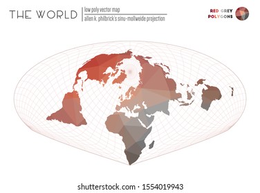 World map with vibrant triangles. Allen K. Philbrick's Sinu-Mollweide projection of the world. Red Grey colored polygons. Trending vector illustration.