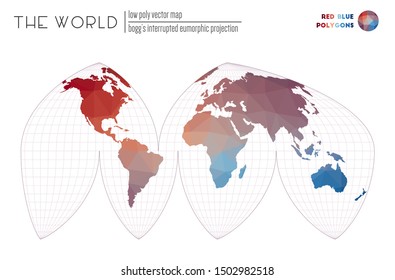 World map with vibrant triangles. Boggs' interrupted eumorphic projection of the world. Red and blue colored polygons. Energetic vector illustration.