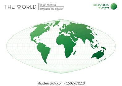 World map with vibrant triangles. Boggs eumorphic projection of the world. Yellow-Green colored polygons. Trending vector illustration.