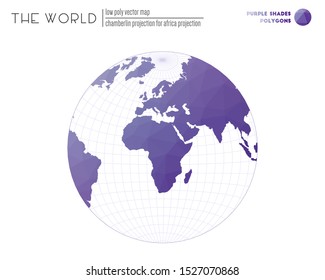 World map with vibrant triangles. Chamberlin projection for Africa projection of the world. Purple shades colored polygons. Beautiful vector illustration.