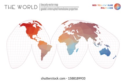 World map with vibrant triangles. Goode's interrupted homolosine projection of the world. Red, Yellow, Blue colored polygons. Creative vector illustration.